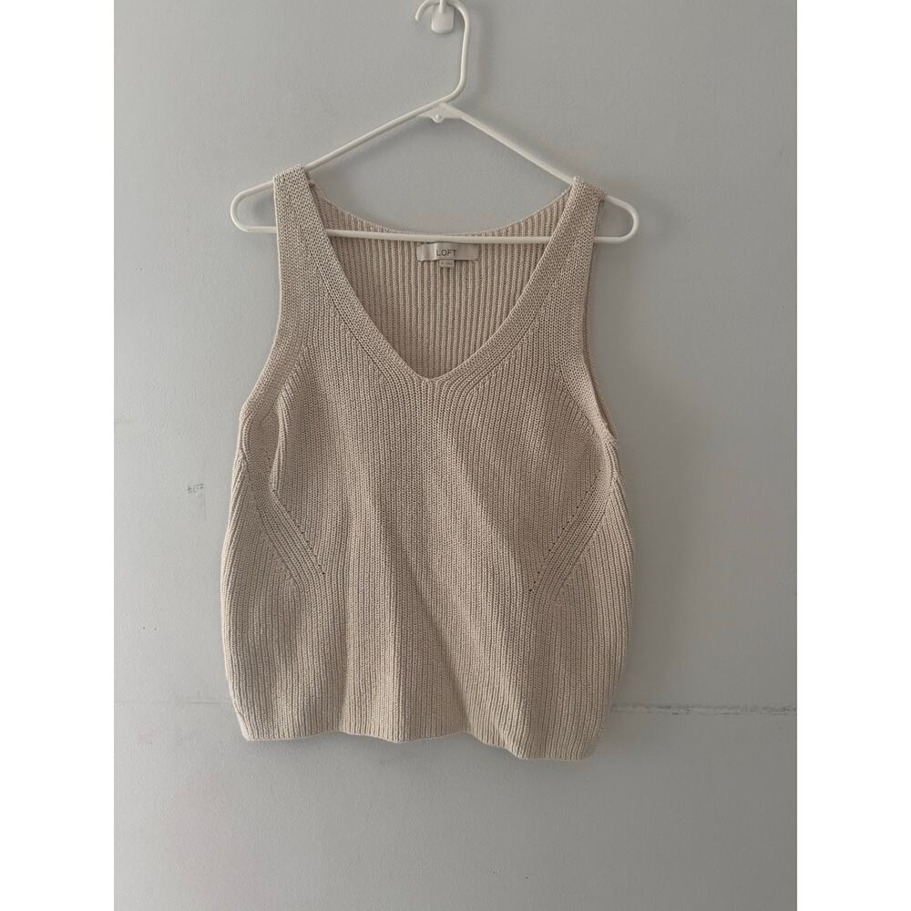 LOFT Womens Cotton Sleeveless Sweater Size Medium Beige Knit Neutral Minimalist